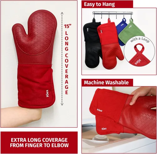 Miniatura 3 de Klex Manoplas de horno de silicona extralargas y soportes para ollas, resistencia al calor de 932 °F con guantes de horno acolchados y almohadillas