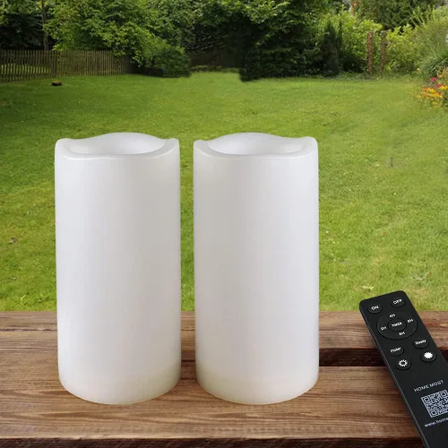 Paquete de 2 velas LED blancas de 3 x 6 pulgadas para exteriores IP65 impermeables, velas de pilar alimentadas con temporizador y control remoto,