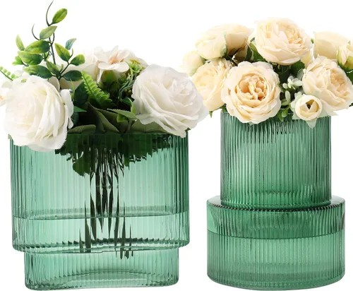 Miniatura 17 de Jarrón redondo de cristal, floreros para ramo, jarrones de vidrio acanalado para flores, pequeño jarrón transparente para sala de estar, oficina