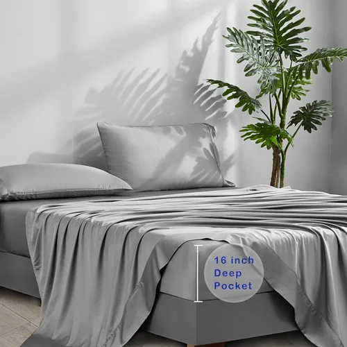Miniatura 5 de ACCURATEX Sábanas refrescantes tamaño matrimonial: viscosa hecha de bambú, juego de sábanas frescas y sedosas para cama de tamaño matrimonial, Gris