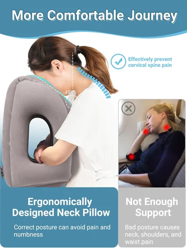 Miniatura 4 de Maliton Almohada inflable de viaje para avión cómodo para dormir para aliviar el dolor de cuello y hombros, almohada inflable de cabeza de apoyo Gris