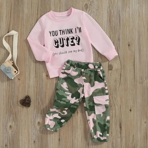 Miniatura 62 de Mandizy Conjunto de ropa de otoño para bebé niña pequeña, sudadera de manga larga con estampado de letras bendecidas, pantalones de camuflaje