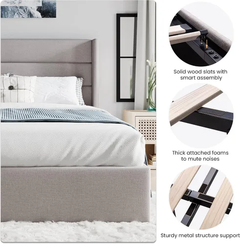 Miniatura 4 de SHA CERLIN - Cama de tamaño completo con almacenamiento elevado/Cabecero abatible moderno/Base de cama tapizada con plataforma/Almacenamiento Beige