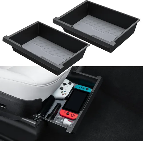 HALOBLK Paquete de 2 Cajas Organizadoras de Almacenamiento Impermeables Modelo Y para Debajo del Asiento, Bandeja Oculta Mejorada 2 en 1 para Tesla
