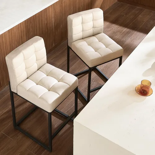 Miniatura 5 de GrandNoor Juego de 2 taburetes de bar modernos de piel sintética beige de 25 pulgadas con patas traseras de metal resistentes, cableado a cuadros