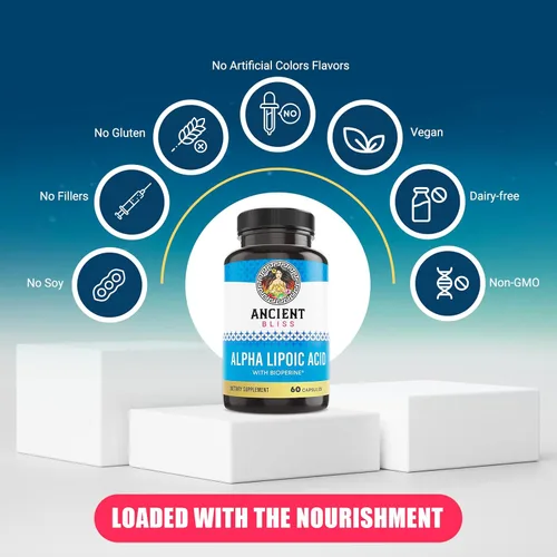 Miniatura 3 de Ancient Bliss Suplemento de ácido alfa lipoico, antioxidante y apoyo energético, suplemento ALA con bioperina, sin gluten y soja, 600 mg por