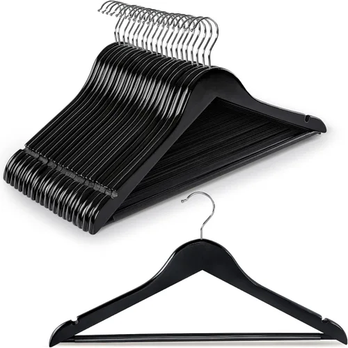 Miniatura 19 de TOPIA HANGER Perchas de madera para abrigos, paquete de 30 perchas de madera negra con barra antideslizante para pantalones, gancho giratorio