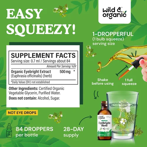 Miniatura 3 de Wild & Organic Eyebright - Tintura de hierbas - Soporte para los ojos con suplemento Eyebright - Gotas líquidas de extracto de eufrasia dietética