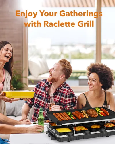 Miniatura 2 de HBN Parrilla eléctrica de mesa Raclette con 8 bandejas de calentamiento, parrilla coreana 2 en 1 y plancha eléctrica antiadherente, control