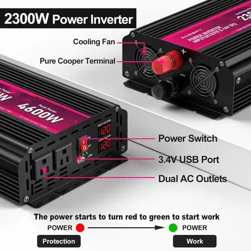 Miniatura 3 de Inversor de corriente de 2300 W, de 12 V CC a CA 110 V/120 V de potencia máxima de 4600 W con 2 tomas de CA y 2 puertos USB 2.4, pantalla LCD.