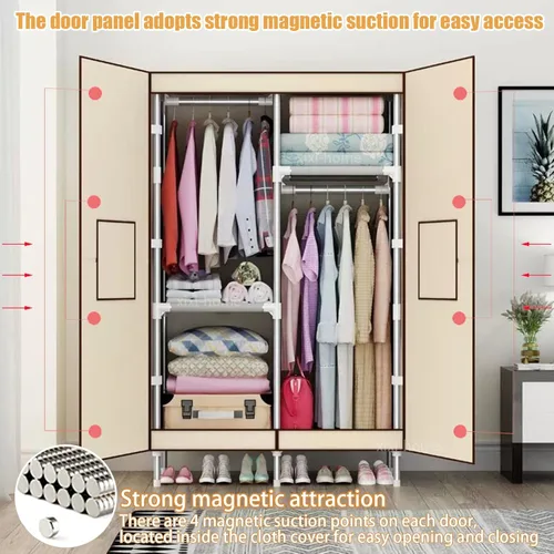 Miniatura 4 de Organizador portátil de ropa de 34 pulgadas, simple no tejido, armario de almacenamiento de ropa multifuncional con cubierta y barra para colgar Gris