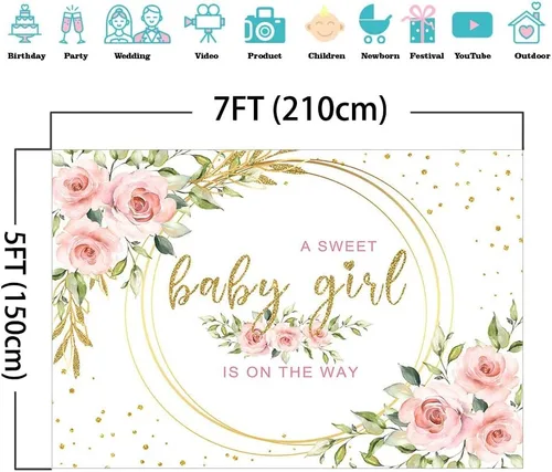 Miniatura 3 de Mocsicka Telón de fondo floral con texto en inglés "It's a Girl" para baby shower, acuarela, rosa, decoración de mesa para tartas, accesorios