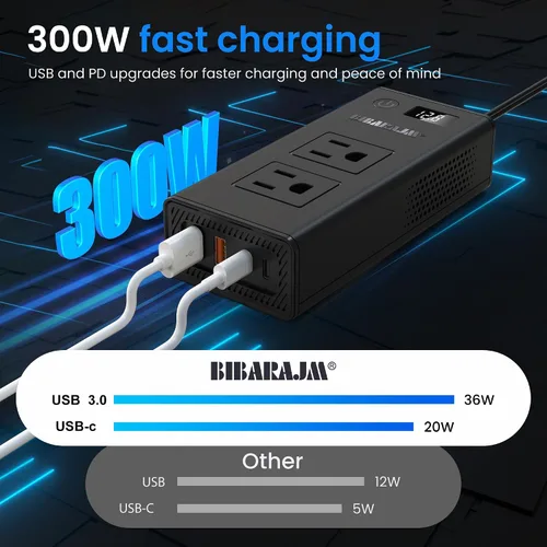Miniatura 4 de Convertidor de voltaje de automóvil de 300 W, inversor de CC de 12 V a CA, puertos de 110 V, cargador de coche de carga rápida con enchufe