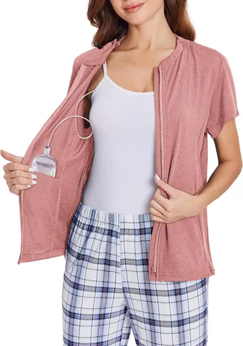 Miniatura 17 de Deyeek Camisas de mastectomía con bolsillos de drenaje Tops post cirugía de hombro para mujeres con puerto de quimio manga corta con cremalleras