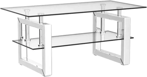 Miniatura 5 de IKIFLY Mesa de centro de cristal con tablas de vidrio de 2 niveles y patas de metal resistentes, mesa auxiliar rectangular de vidrio transparente