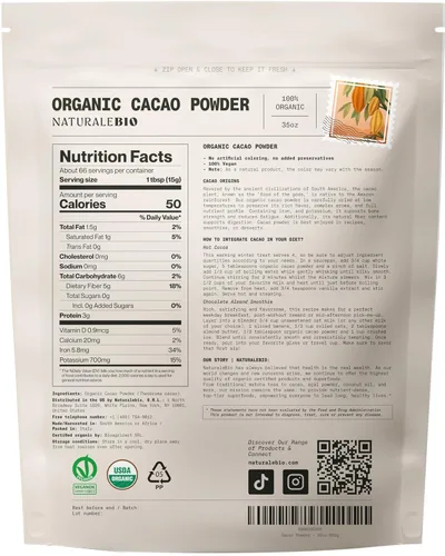 Miniatura 2 de NaturaleBio Cacao en polvo orgánico de 35 onzas. Sin azúcar, no alcalinizado y puro. Sustituto de cacao en polvo con rico sabor a chocolate negro.