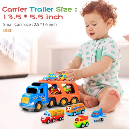 Miniatura 2 de Forty4 Paquete de 9 autos de juguetes para niños y niñas de 2, 3, 4, 5 años, camión de transporte grande con 8 pequeños camiones de tracción