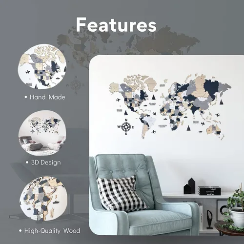 Miniatura 2 de Mapa del mundo de madera, arte 3D, decoración de pared grande, tamaño (M, L, XL) Idea de regalo para cualquier ocasión, arte de pared para el hogar