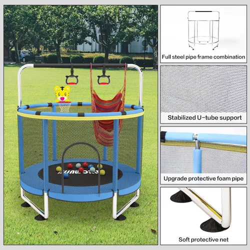 Miniatura 2 de Trampoline for Kids, 55 Inch Adjustable Baby Toddler Trampoline with Basketball Hoop, 440lbs Indoor Outdoor Toddler with Enclosure (Blue)