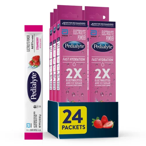 Pedialyte Paquetes de polvo de electrolitos de hidratación rápida, fresa, bebida de hidratación, 24 paquetes de polvo de una sola porción