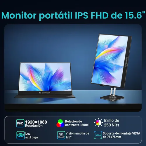 Miniatura 2 de SANSUI Monitor portátil de 15.6 pulgadas FHD 1080P Monitor de viaje para laptop, USB C HDMI ultrafino IPS pantalla de computadora con altavoces
