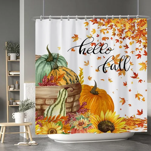Miniatura 107 de Cortina de ducha de fantasma y gato negro para niños, 36 x 72 pulgadas, espeluznante y bonita, cortina de baño de Halloween con 6 ganchos, cortina