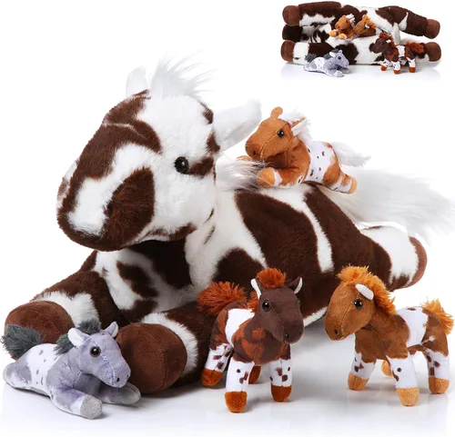Miniatura 10 de Lenwen 5 piezas de animales de peluche de caballo de 18 pulgadas grande mamá caballo de peluche con 4 bebés en cremallera para nutrir el vientre