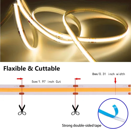 Miniatura 3 de MDee】Tira de luces LED COB de 3000K blanco cálido 1.64 pies/0.5m 5V cinta de luces LED flexibles CRI 90+ 800LM/m 320LEDs/m para decoración