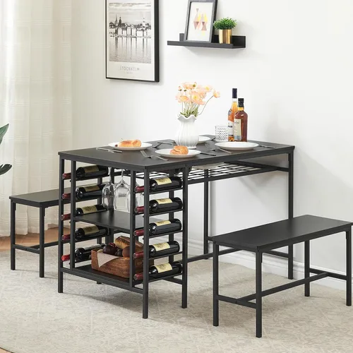 Miniatura 8 de IDEALHOUSE Juego de mesa de comedor para 4, juego de mesa de cocina para 4 con 2 bancos, juego de mesa de comedor rectangular con estante para Negro