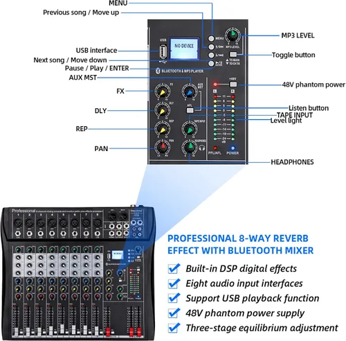 Miniatura 6 de Depusheng DT8 Mezclador profesional, tablero de sonido, consola de 8 canales, interfaz de sistema de escritorio, USB digital, entrada de computadora