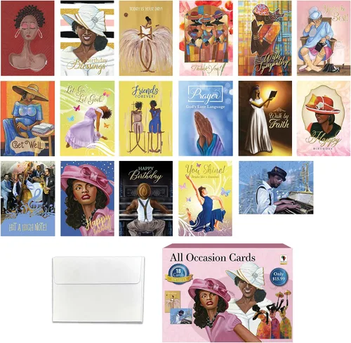 Miniatura 13 de Surtido de tarjetas de felicitación cristianas afroamericanas – Juego de 18 tarjetas inspiradoras con sobres – Cumpleaños, aliento, recuperarse