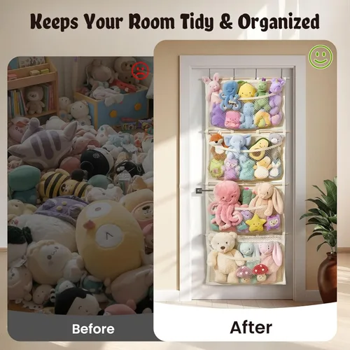 Miniatura 5 de Almacenamiento de animales de peluche de gran capacidad con gancho de metal y palo de madera, organizador de juguetes de peluche colgante, hamaca