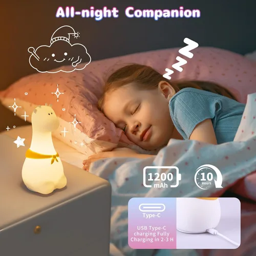 Miniatura 5 de Luz nocturna de silicona para niños – Lámpara recargable con control táctil y 8 colores, lindo diseño de animales para habitación infantil
