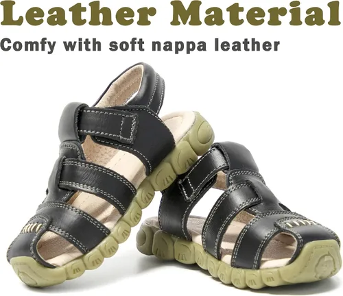 Miniatura 2 de Athlefit Sandalias de cuero para niños y niñas, con puntera cerrada, sandalias de cuero para deportes al aire libre, sandalias casuales, 0 Toddler