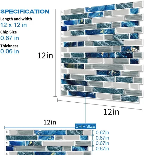 Miniatura 7 de 10 hojas para despegar y pegar para cocina, baño, azulejos azules de 12 x 12 pulgadas