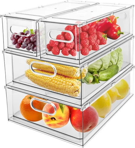 Paquete de 4 contenedores organizadores de refrigerador con cajón extraíble, apilables, transparentes, organizadores de cajones de refrigerador,