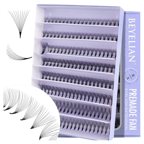 BEYELIAN Extensiones de pestañas prefabricadas con volumen, bandeja mixta para 1000 abanicos de 0.354-0.630 in, 0.003 in, rizado 10D, extensiones de