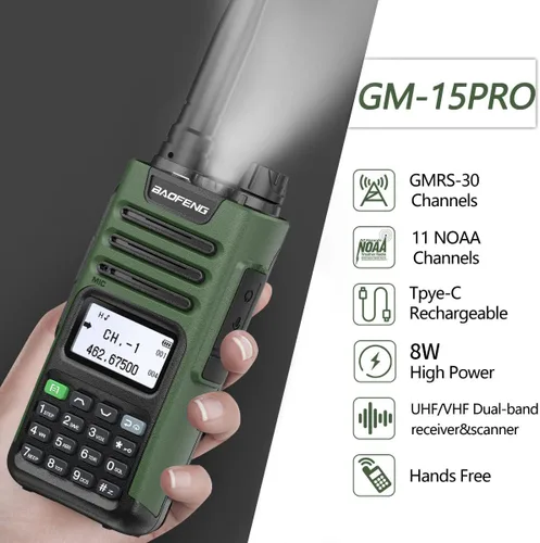 Miniatura 2 de BAOFENG Radio GMRS Portátil de Largo Alcance GM-15 Pro 8W Walkie Talkie con Auricular, Receptor de Clima NOAA, Repetidor GMRS Recargable, Radio