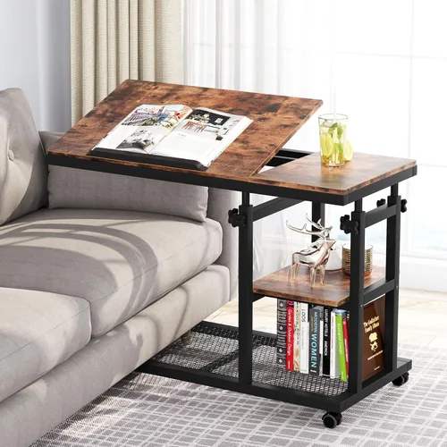 Miniatura 11 de Tribesigns Mesa C de altura ajustable con ruedas, mesa auxiliar móvil para aperitivos con tablero de dibujo inclinable, soporte para sofá, mesita