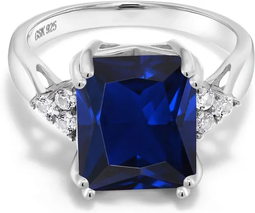 Miniatura 3 de Gem Stone King Anillo de compromiso con piedra natal de 5-10 quilates para mujer, plata de ley 925, corte esmeralda de 0.47 x 0.394 pulgadas, anillo