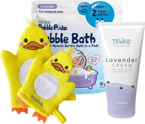 TruKid Lavender Bubble Podz, juego de crema para bebés y guantes de burbujas, paquete relajante de baño y cuidado de la piel para niños