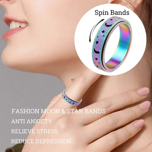 Miniatura 3 de OreilleStar Anillo de Ansiedad para Mujeres Anillo Fidget: Anillos Fidget de Acero Inoxidable Luna Estrella Anillo Fidgit para Mujeres Oro Plata