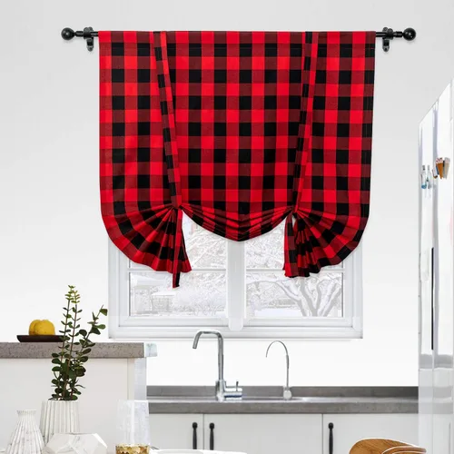 Miniatura 83 de Cenefas de cortina para ventana de 16 pulgadas de largo, 2 paneles de cuadros búfalo, cortinas pequeñas con bolsillo para barra, estilo clásico