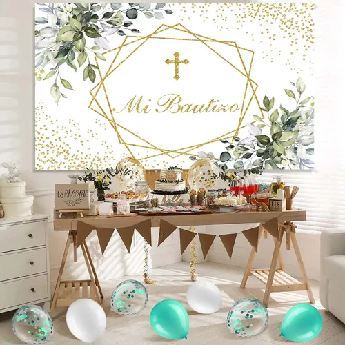 Miniatura 4 de Mi Bautizo - Telón de fondo para primera comunión para bautismo, recién nacido, baby shower, fondo dorado con purpurina, vegetación, eucalipto