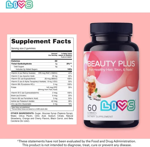 Miniatura 4 de LIVS Beauty Plus Gomitas de vitaminas – Gomitas de biotina para cabello, piel y uñas Suplemento de belleza natural, sin gluten, sin OMG