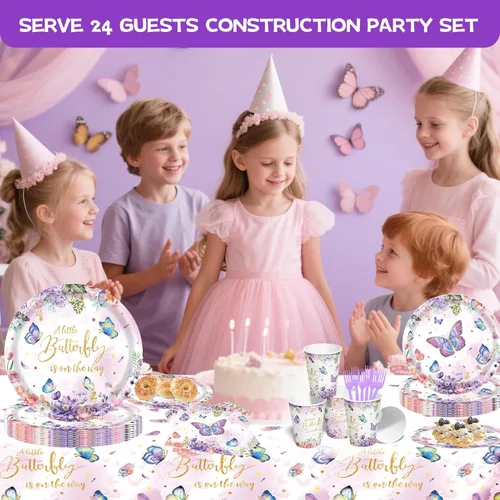 Miniatura 7 de Suministros de fiesta de cumpleaños de mariposa, juego de vajilla desechable de mariposa de 120 piezas con platos, vasos, servilletas y tenedores