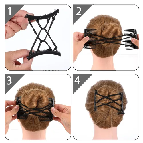 Miniatura 3 de Ptwola 4 piezas de peine mágico para el cabello, elástico, ajustable, doble peine vintage, elástico, para moños, horquillas, pasadores laterales