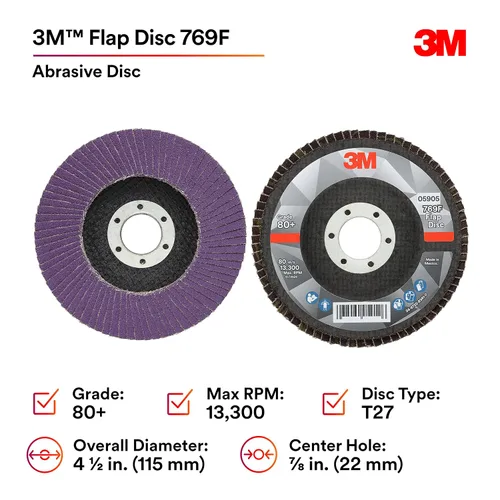 Miniatura 2 de 3M Disco de Solapa 769F, Tipo 27, 80+, 4-1/2 in x 7/8 in, Abrasivo de Alto Rendimiento, Disco de Rectificado y Acabado de Grano Cerámico