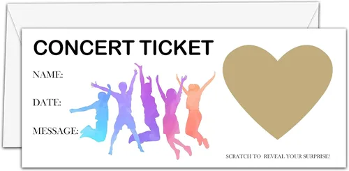 AWSICE Tarjeta de revelación de arañazos para entradas de concierto, 1 juego para hacer tu propio boleto de concierto de bricolaje, tarjeta sorpresa