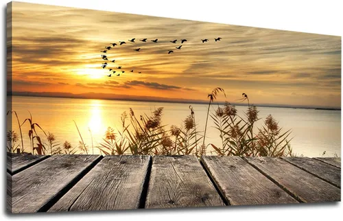 Miniatura 11 de yearainn Arte de Lienzo de Pared en Blanco y Negro Lago al Atardecer con Pájaros Voladores Cuadros para Decoración de Pared Paisaje Natural Pintura